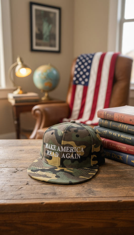 MAKE AMERICA READ AGAIN CAMO SNAPBACK in patriotic reading setting